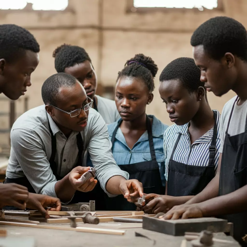Group of students learning woodworking techniques from an instructor in a workshop setting, focusing on hands-on skills and collaboration.