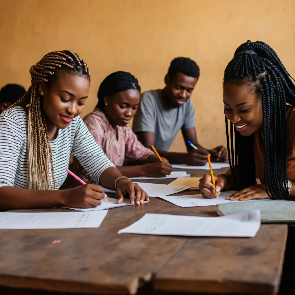 Group of diverse students writing notes and studying together at a wooden table, showcasing collaboration and learning.