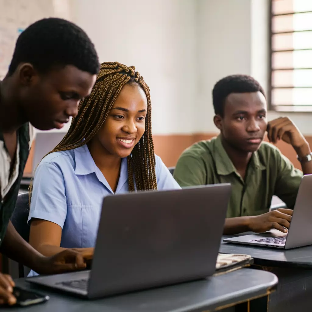Three students working on laptops in a classroom setting, focused on their tasks and collaborating with each other.