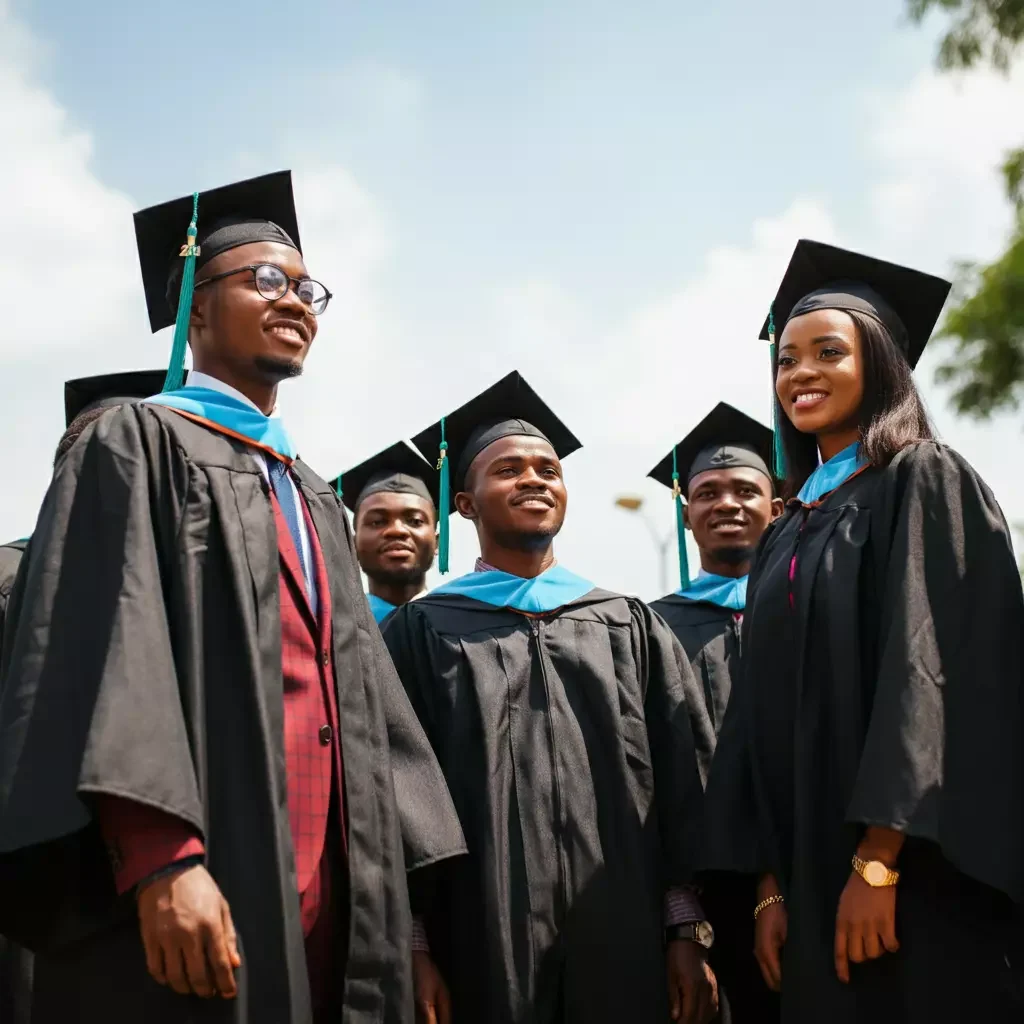 Six graduates in black gowns and caps, smiling and celebrating outdoors.