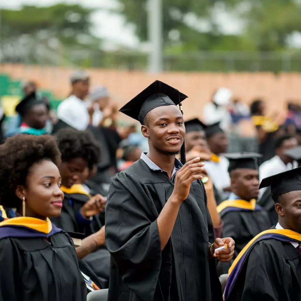 Group of graduates wearing caps and gowns, celebrating at a graduation ceremony with smiles and applause.