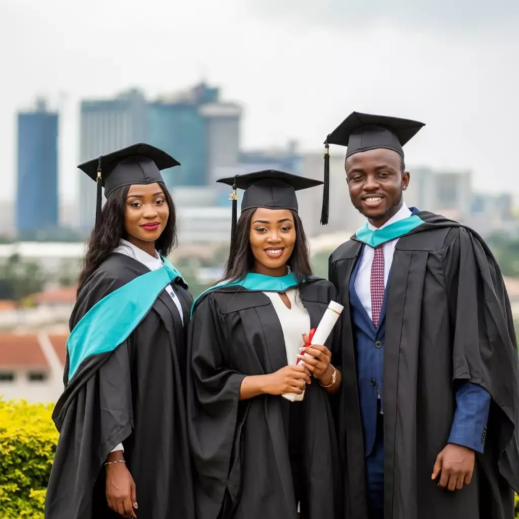Three graduates smiling with diplomas and city skyline behind them.